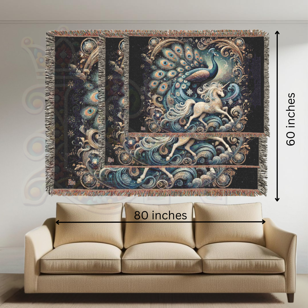 Peacock & Unicorn Woven Blanket | 100% Cotton Fantasy Tapestry | Gothic Fairytale Throw | Celestial Art Decor | Enchanted Cozy Gift