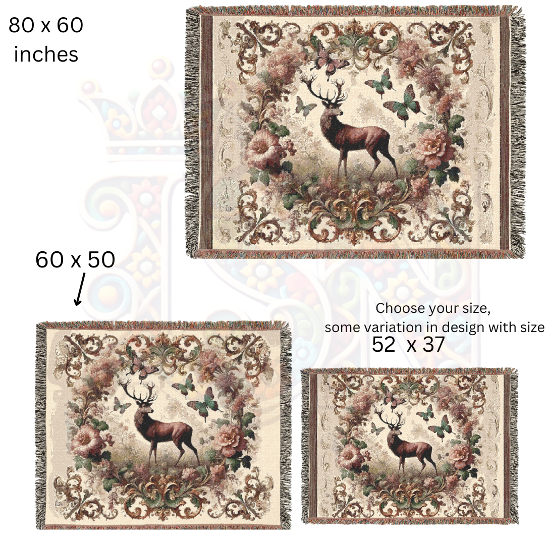 Vintage Deer Woven Blanket - 100% Cotton Throw | Regal Stag & Butterflies Tapestry | Victorian Baroque Nature Decor | Elegant Rustic Charm