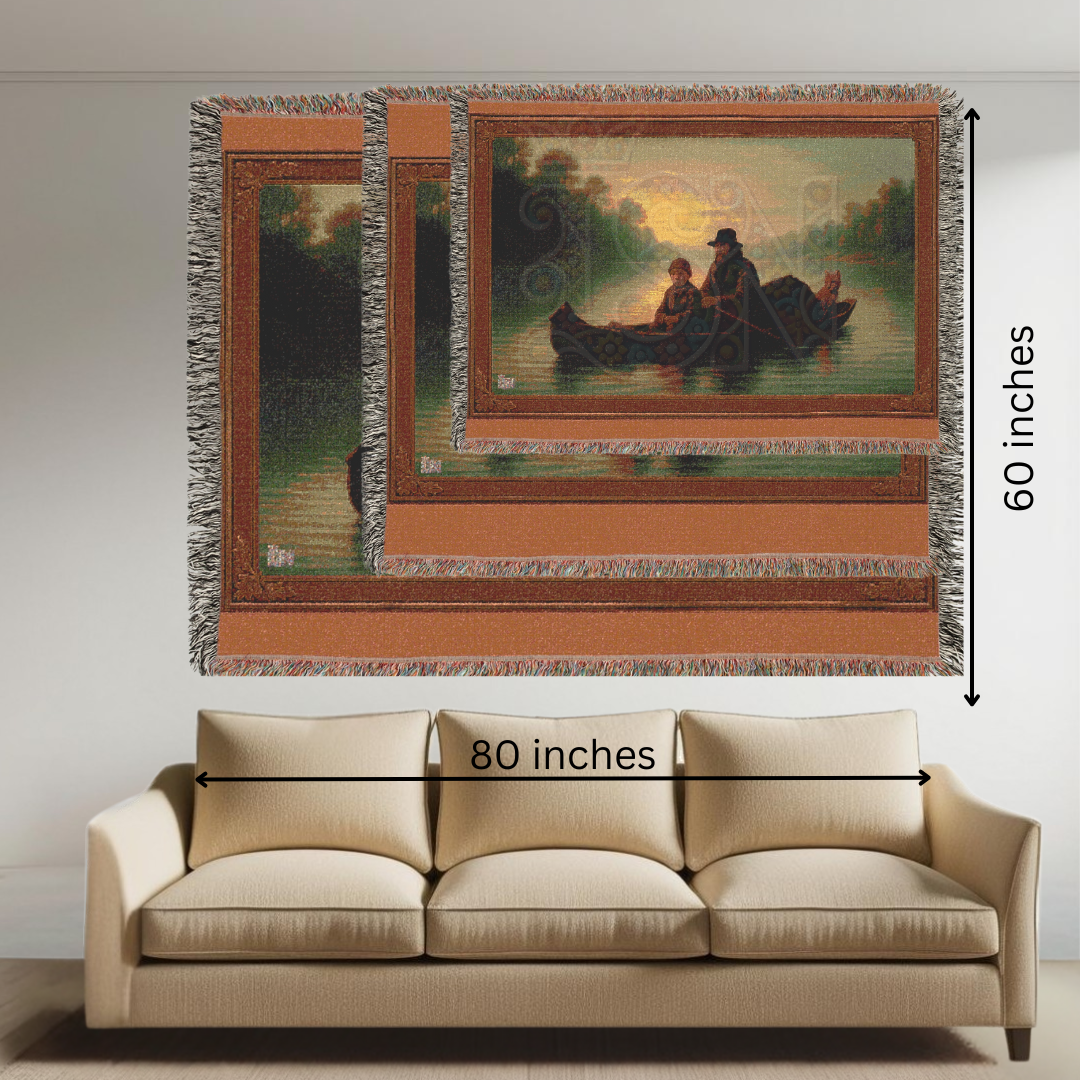 Evening Voyage – Folk Art Woven Throw Blanket with Canoe Scene