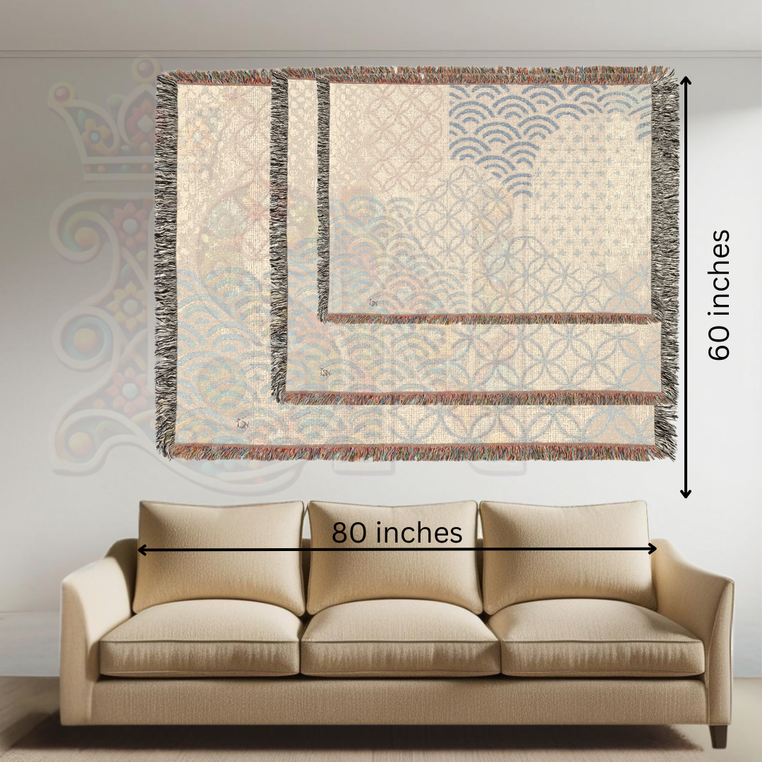 Heritage Tile Block Folk Art Woven Blanket Inspired by Japanese Motifs – Classic Blue Tile Pattern Throw, Decorative Folk Art Home Accent
