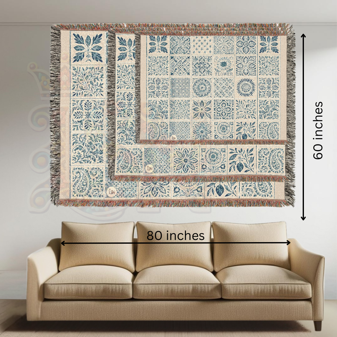 Heritage Tile Block Folk Art Woven Blanket – Classic Blue Tile Pattern Throw, Decorative Folk Art Home Accent