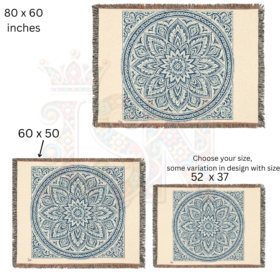 Serene Blue Mandala – Elegant Woven Cotton Throw Blanket with Intricate Floral Medallion Design