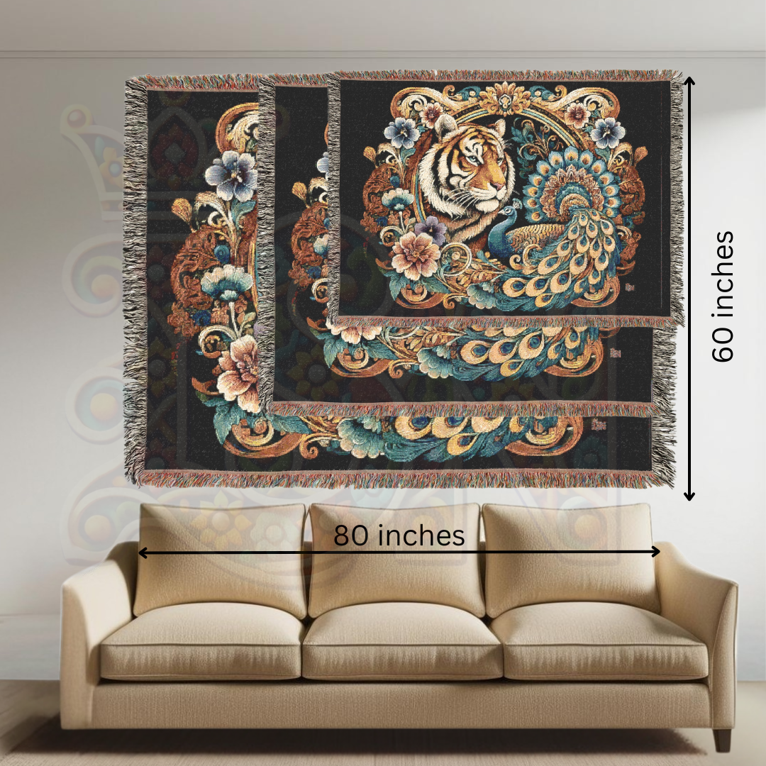 Tiger & Peacock Woven Blanket | Baroque Wildlife Cotton Tapestry | Maximalist Boho Throw | Regal Jungle Decor | Exotic Nature Gift