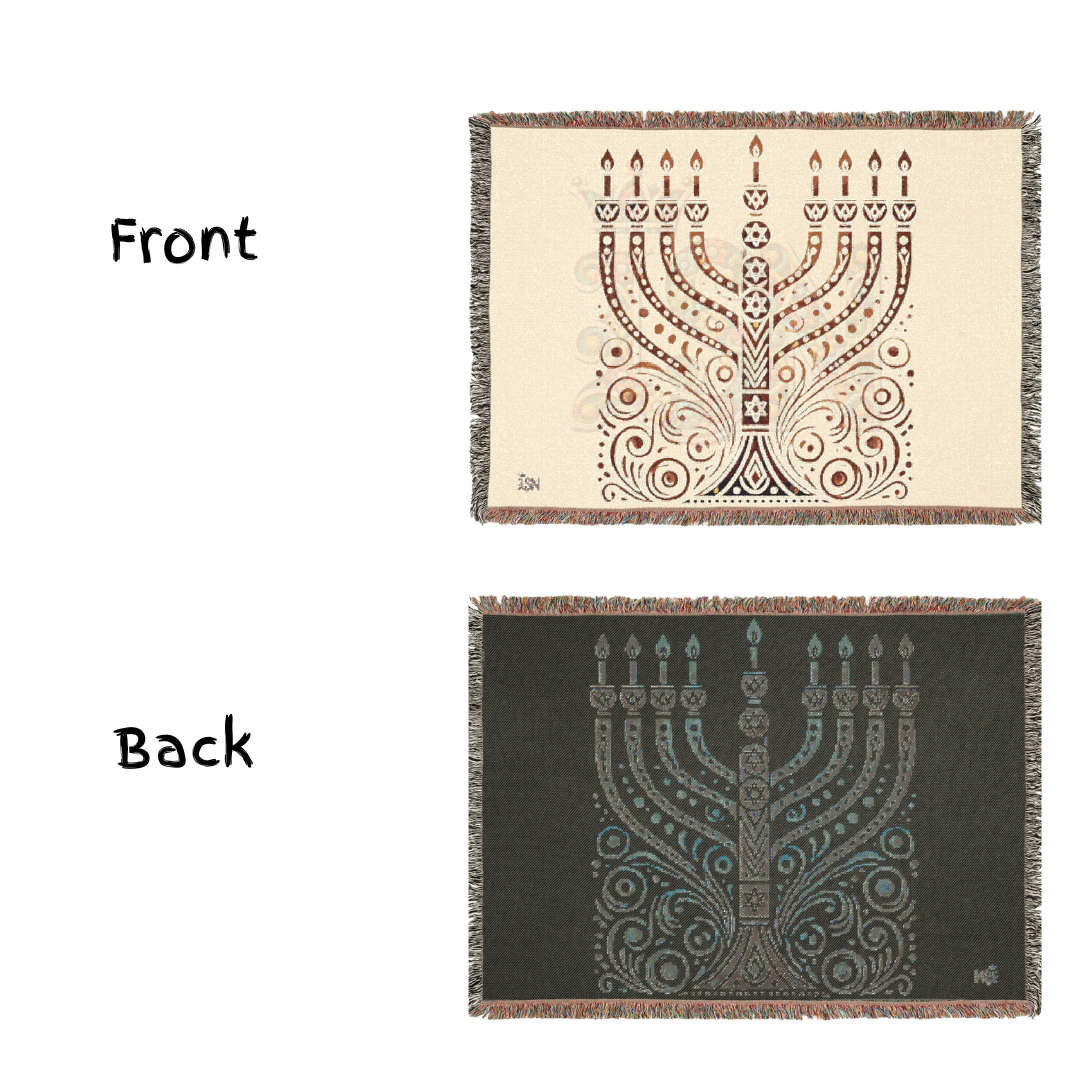 Radiant Menorah Folk Art Woven Blanket – Hanukkah Symbol of Light & Tradition Throw