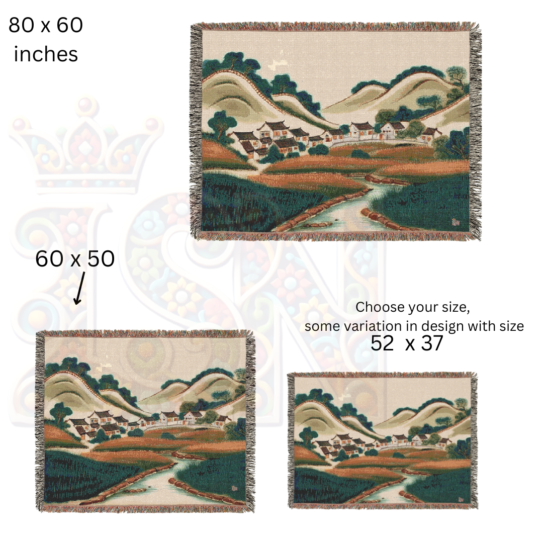 Valley of Harmony – Asian Korean Landscape Woven Blanket with Hillside Village Scene