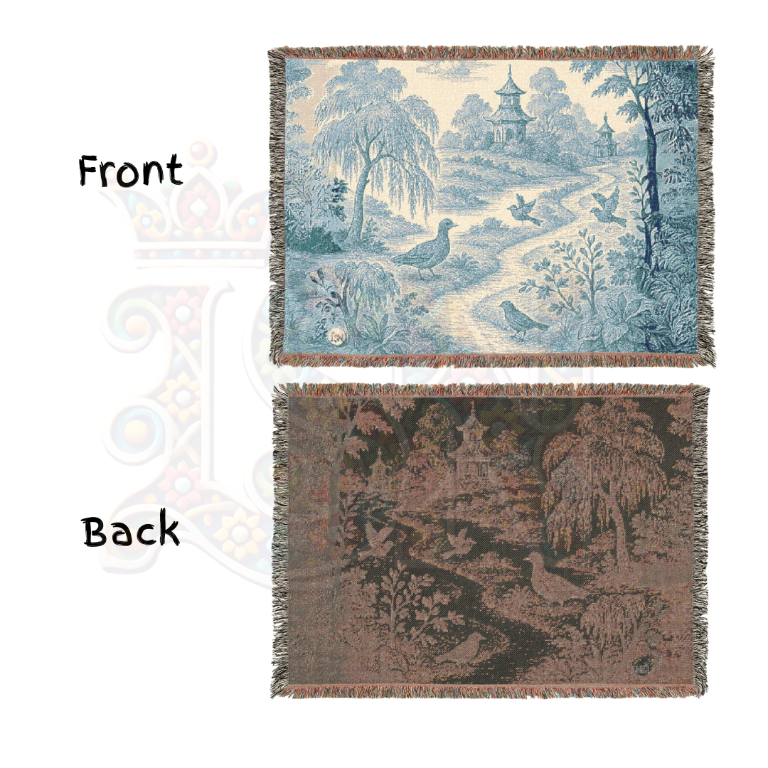 Pagoda Path Garden Woven Blanket – Blue Toile Tapestry Throw with Birds & Willow Trees – 100% Cotton Tranquil Landscape Wall Art