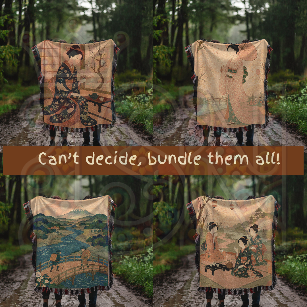 Blossom Gathering – Woven Blanket with Spring Picnic and Kimono-Clad Figures