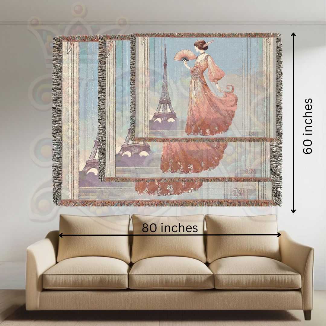 Art Deco Paris Woven Blanket 🇫🇷 100% Cotton Throw with Elegant Woman & Eiffel Tower – Vintage-Inspired Tapestry for Chic Home Décor