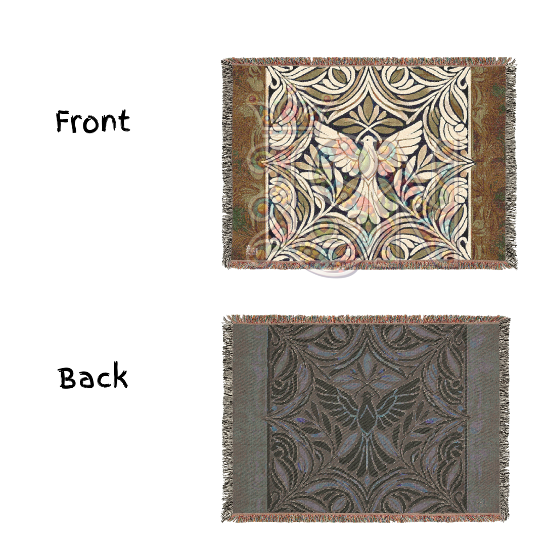 Graceful Flight Folk Art Dove Woven Blanket – Majestic Peace Symbol Throw with Ornate Nature Design
