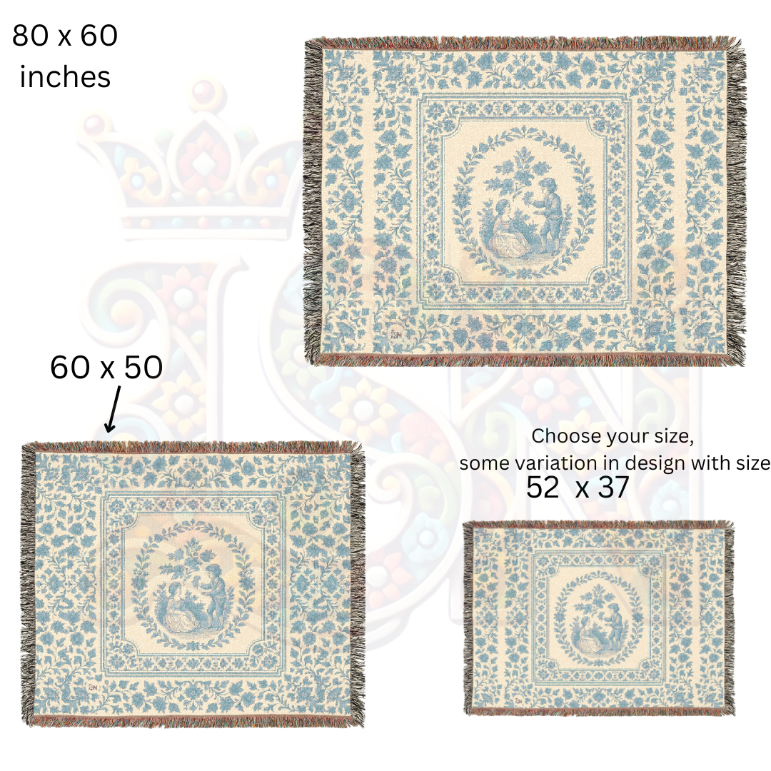 French Country Toile Woven Blanket – Blue & Cream Cotton Throw for Bed, Sofa or Wall Art – Romantic Tapestry Blanket Décor
