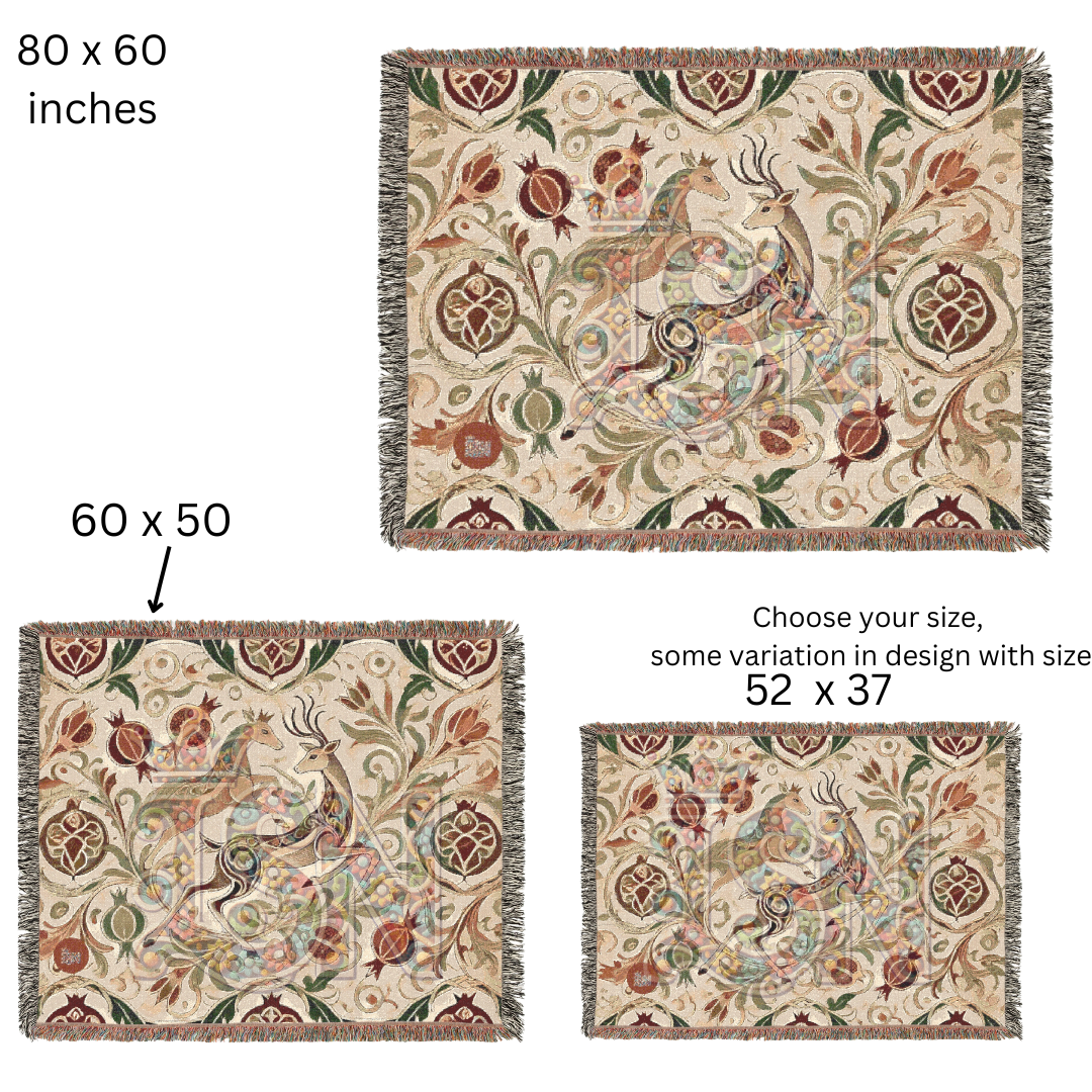 Regal Dance Crowned Stags & Pomegranates Woven Blanket – Noble Nature-Inspired Throw, Elegant Gift for Art Lovers
