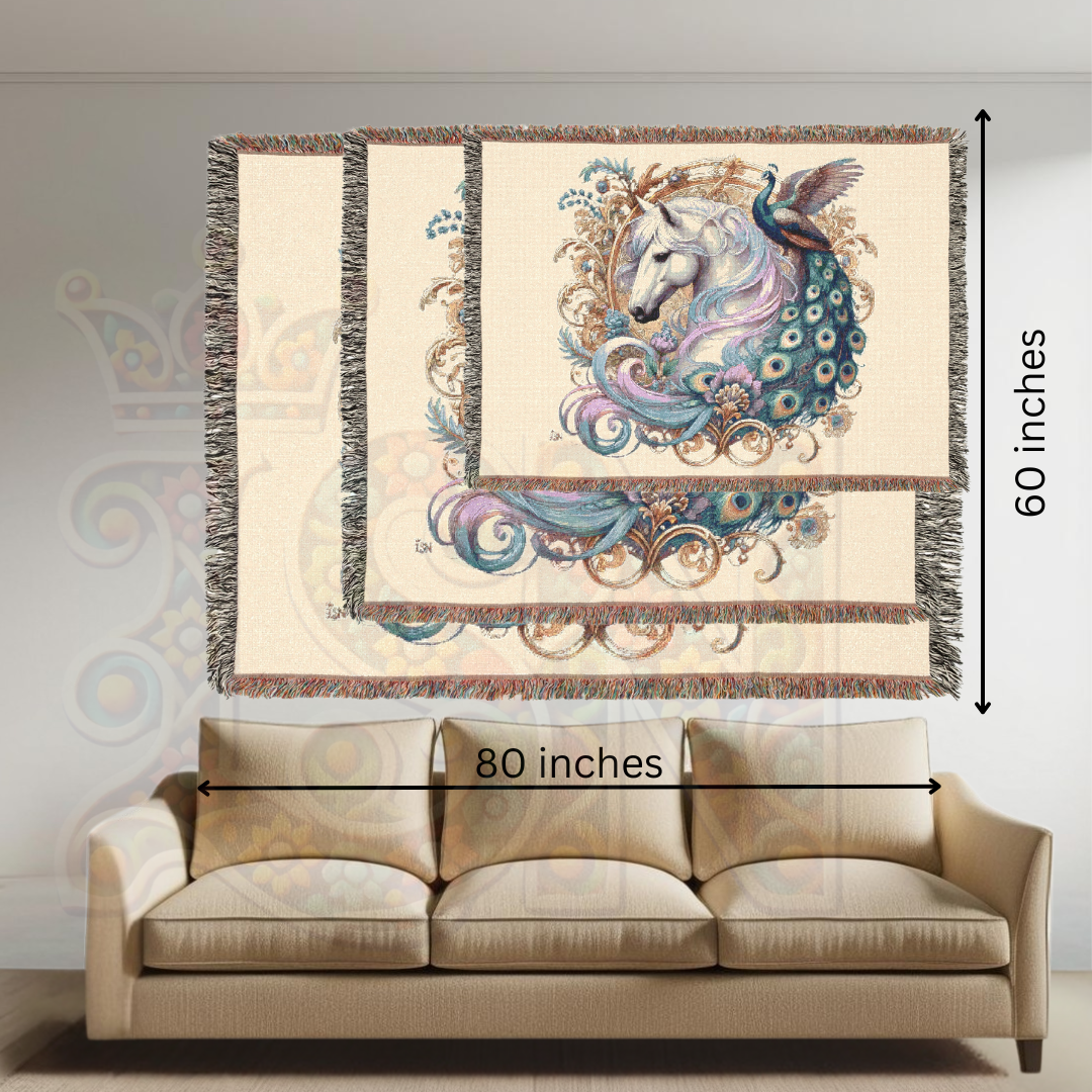 White Horse & Peacock Woven Blanket – 100% Cotton Tapestry Throw in White – Elegant Boho Decor, Cozy Art Blanket, Unique Gift, Luxury Home Accent