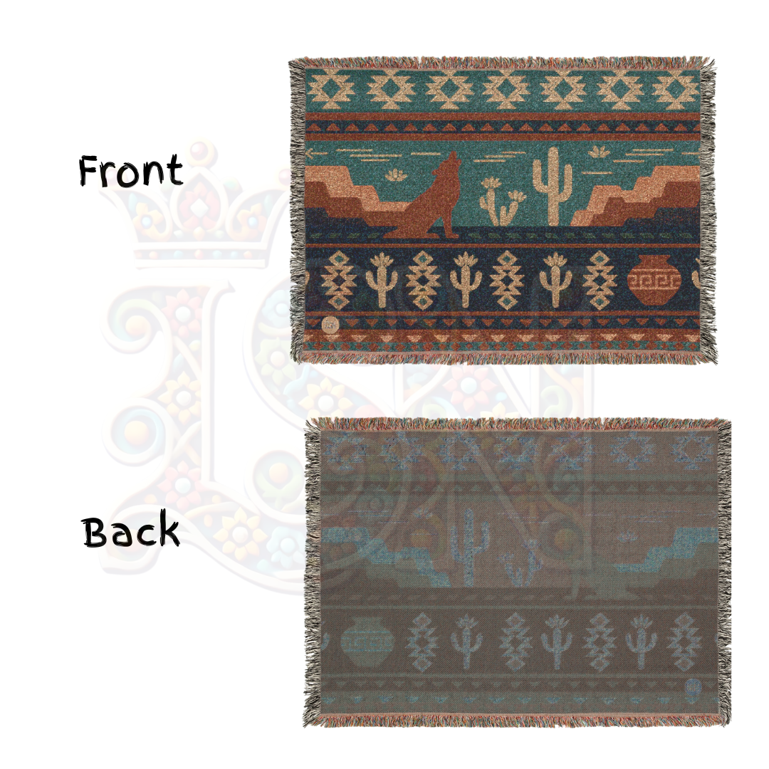 Desert Song – Southwestern Coyote & Cactus Woven Blanket with Folk Pattern