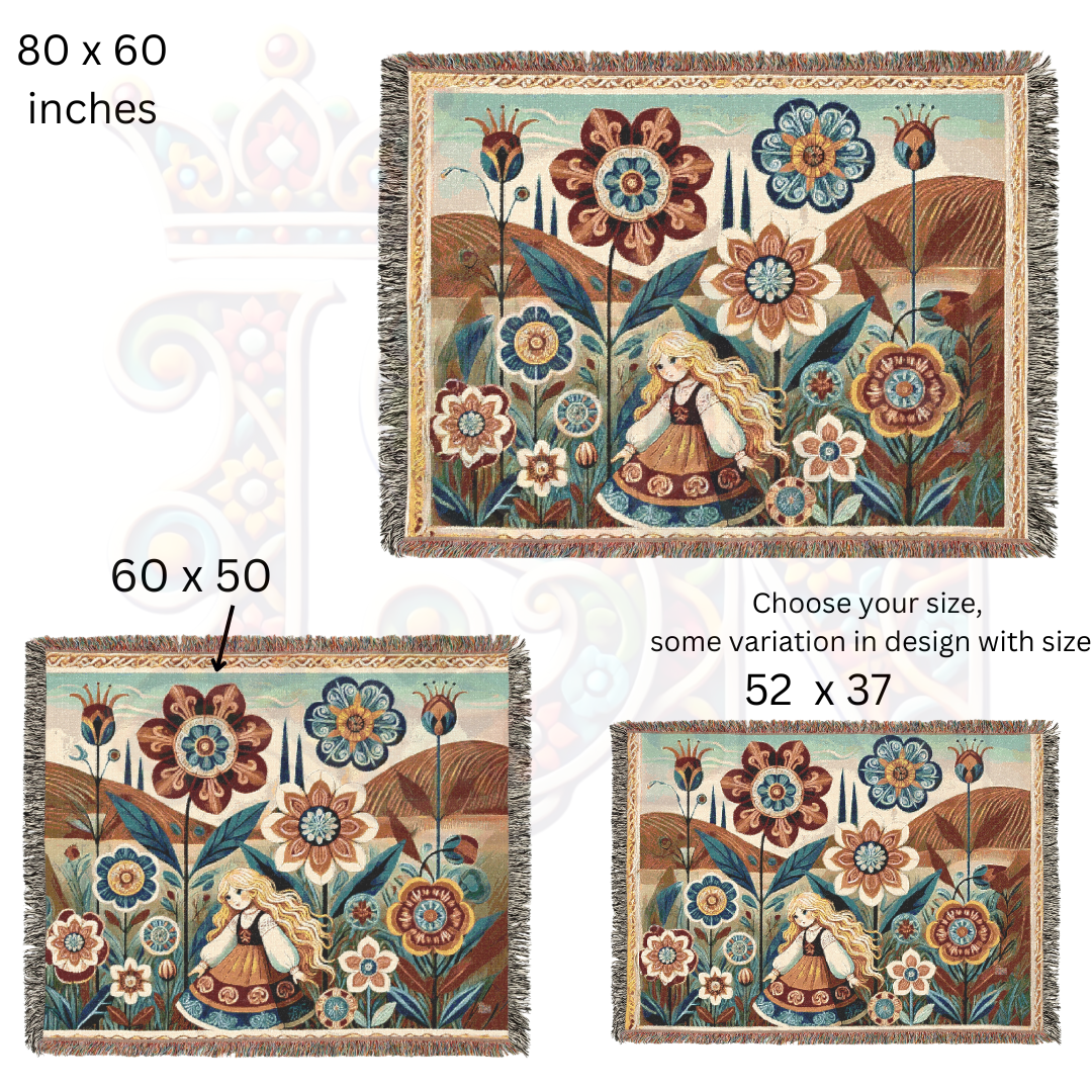 Folk Art Woven Blanket – Golden-Haired Maiden in an Enchanted Floral Field | Boho Nordic Storybook Tapestry Throw for Cozy Home Decor