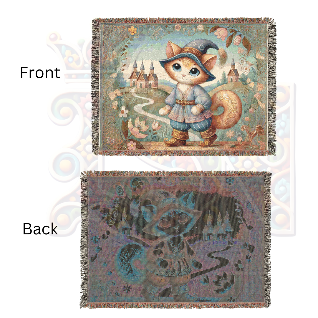 Whimsical Cat Woven Blanket – Fairytale Male Feline in Medieval Village | Cozy Storybook Tapestry Throw for Cottagecore & Boho Home Decor