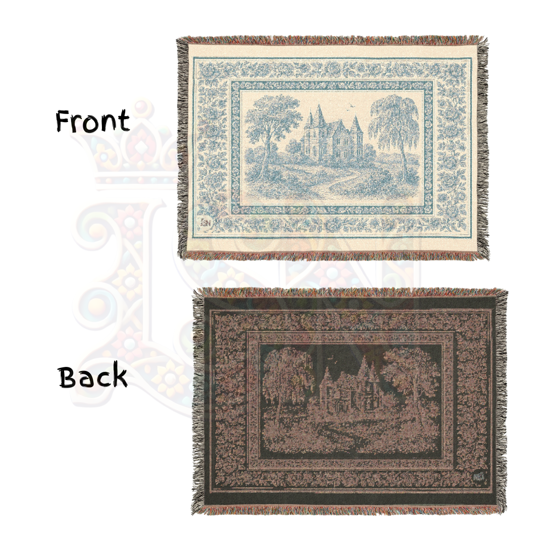 French Chateau Woven Blanket – Blue Toile Cotton Throw or Wall Tapestry with Floral Border & Manor Scene – Elegant Storybook Decor