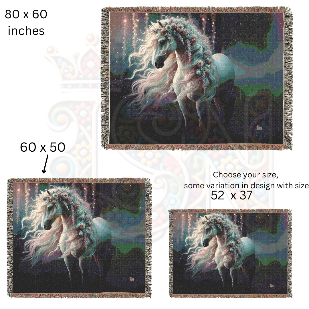 Magical Horse Woven Blanket – Fantasy Tapestry Throw – Mystical Horse with Floral Mane – Fairy Tale-Inspired Decor – Cozy Cottagecore & Gothic Aesthetic