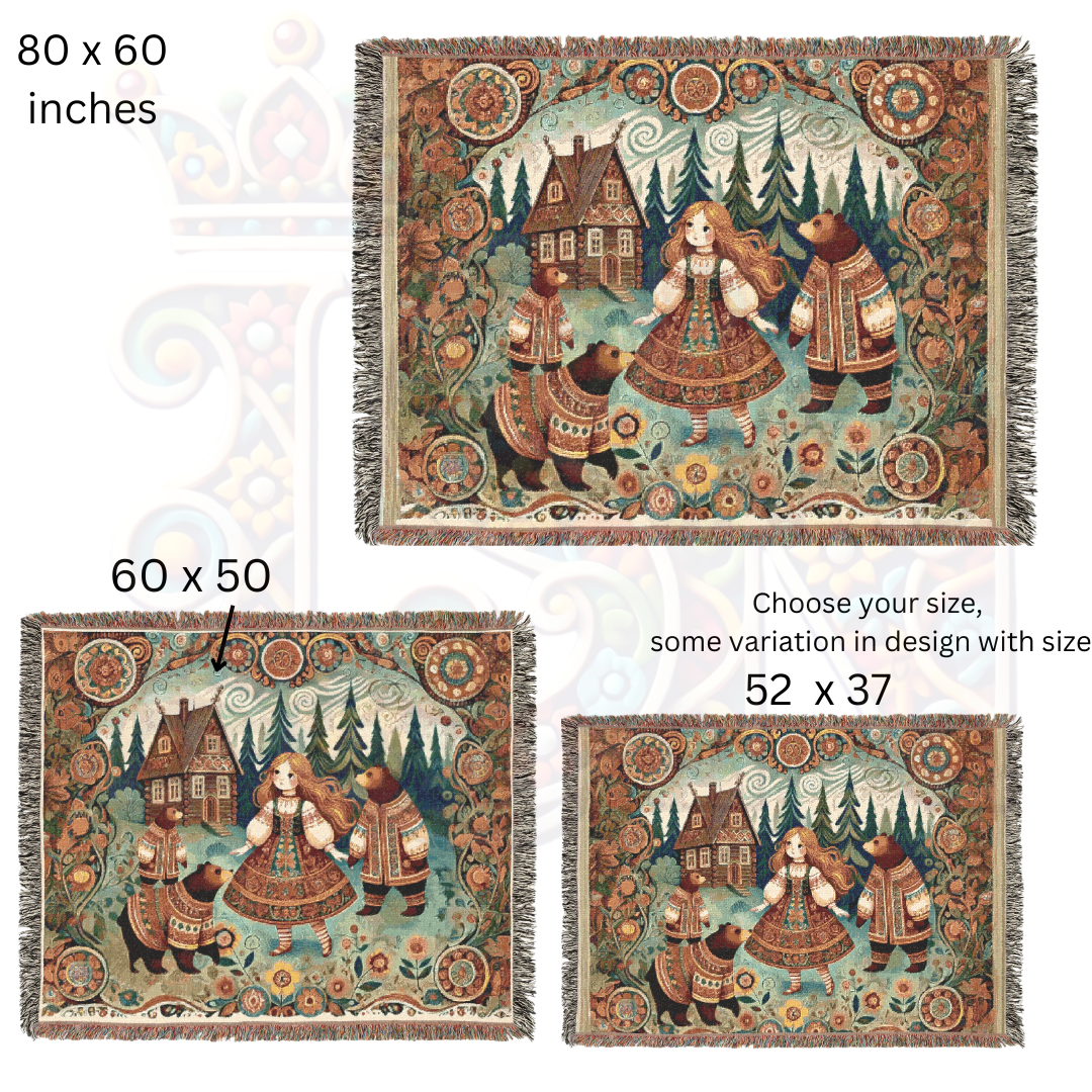 Goldilocks & Three Bears Woven Blanket – Cozy Folk Art Tapestry, 100% Cotton Fairytale Throw, Rustic Cottagecore Decor, Storybook Gift