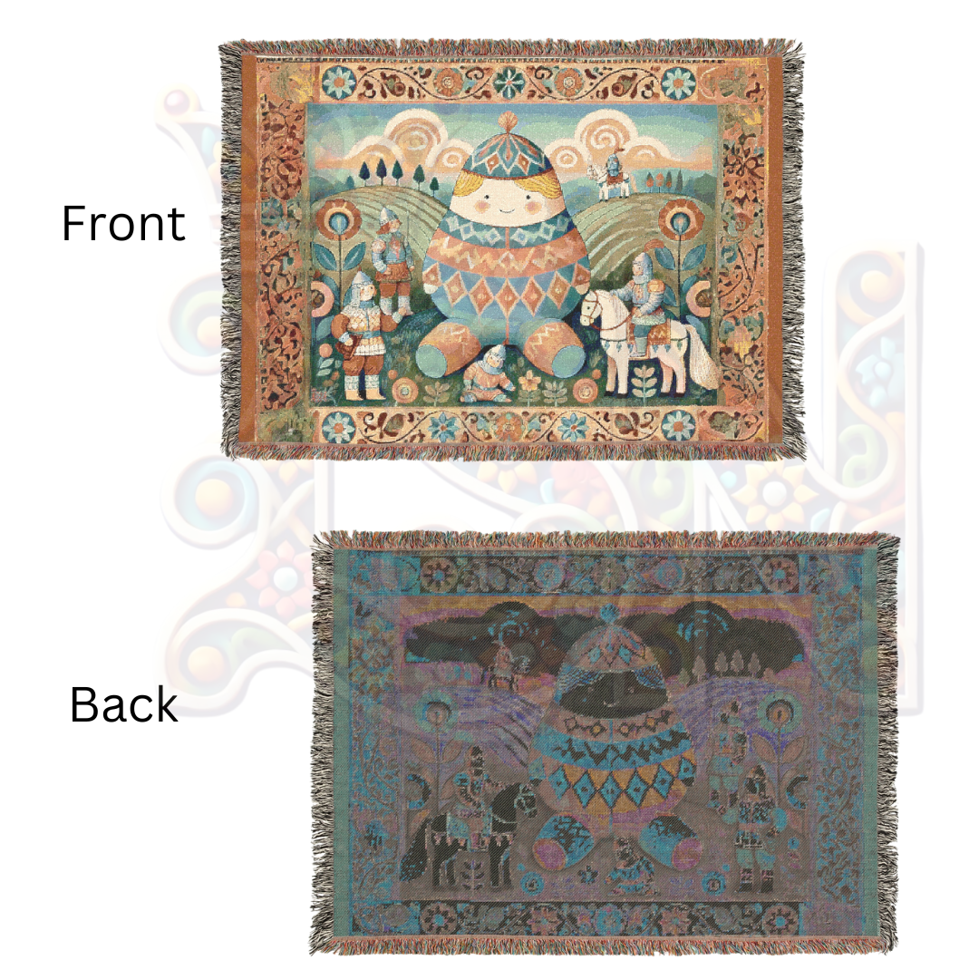 Humpty Dumpty & The Tiny Knights Woven Blanket, Fairytale Medieval Folk Art Throw – 100% Cotton Cozy Tapestry