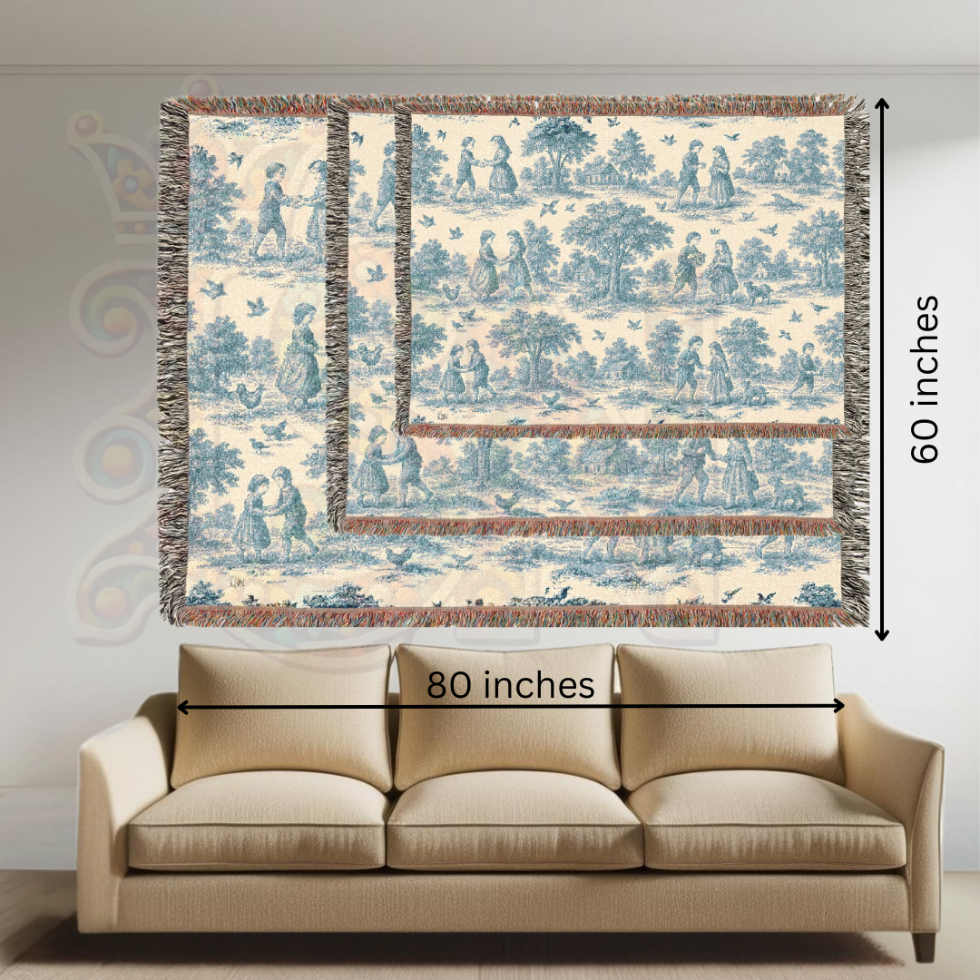 French Toile Woven Blanket – Blue & Cream Pastoral Scene Throw or Tapestry with Repeating Vintage Vignettes – 100% Cotton Cozy Decor