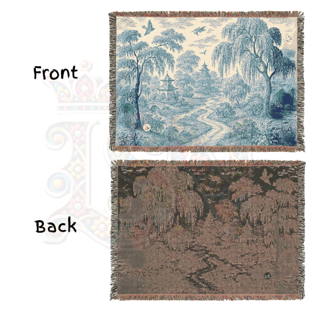 Pagoda Garden Woven Blanket – Blue Willow Landscape Tapestry Throw with Trees, Birds & Stream – 100% Cotton Calm & Serene Decor