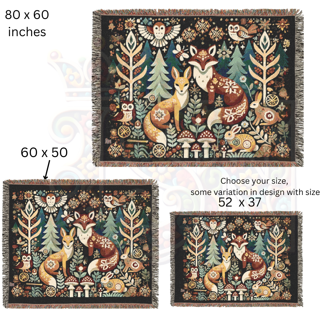 Cozy Woodland Fox Tapestry Blanket – Folk Art Forest Animals Woven Throw, Rustic Boho Nature-Inspired Decor, Perfect for Fox Lovers & Cabin Vibes