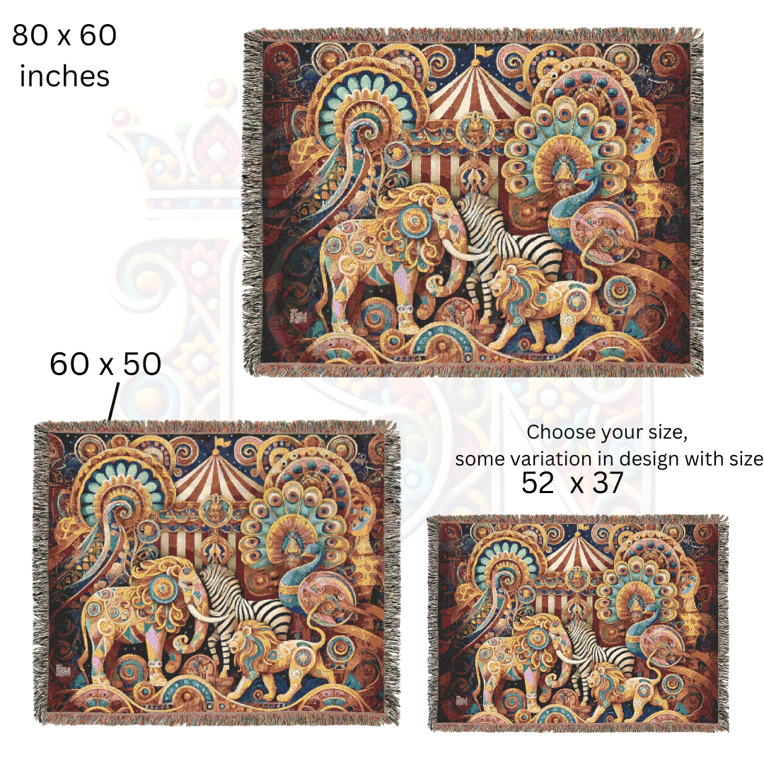 Vintage Circus Woven Blanket – Carnival-Inspired Throw, Boho Animal Tapestry, Ornate Elephant & Peacock Blanket, Whimsical Fairground Decor