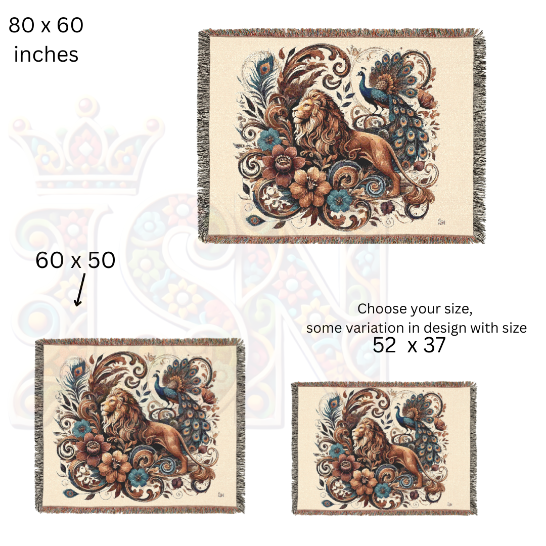 Regal Companions – Woven Blanket with Baroque Lion, Peacock & Floral Scrolls