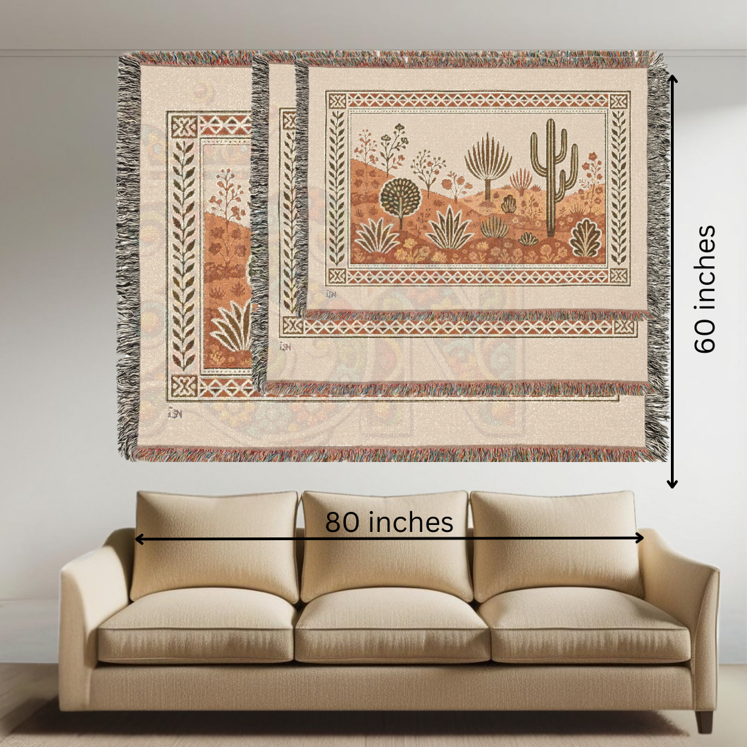Desert Blooms Southwest Desert Flora Folk Art Woven Blanket – Nature-Inspired Cozy Throw, Southwestern Home Decor Gift