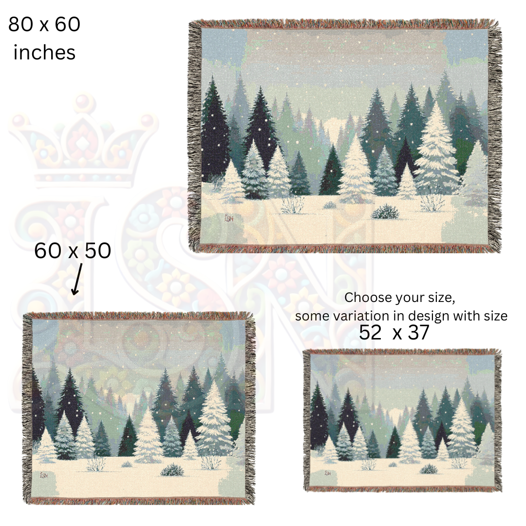 Snowy Forest Winter Woven Blanket – Cozy Snow-Covered Pines Tapestry Throw, Serene Nordic Winter Landscape for Home Decor