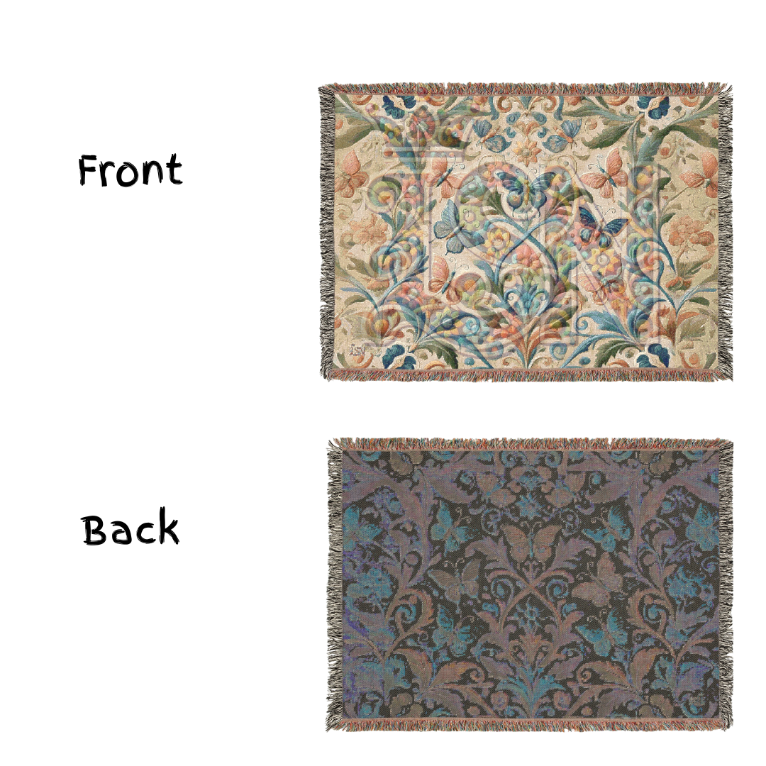Fluttering Grace Pink & Blue Butterfly Folk Art Woven Blanket – Elegant Nature-Inspired Throw with Delicate Butterfly Motifs