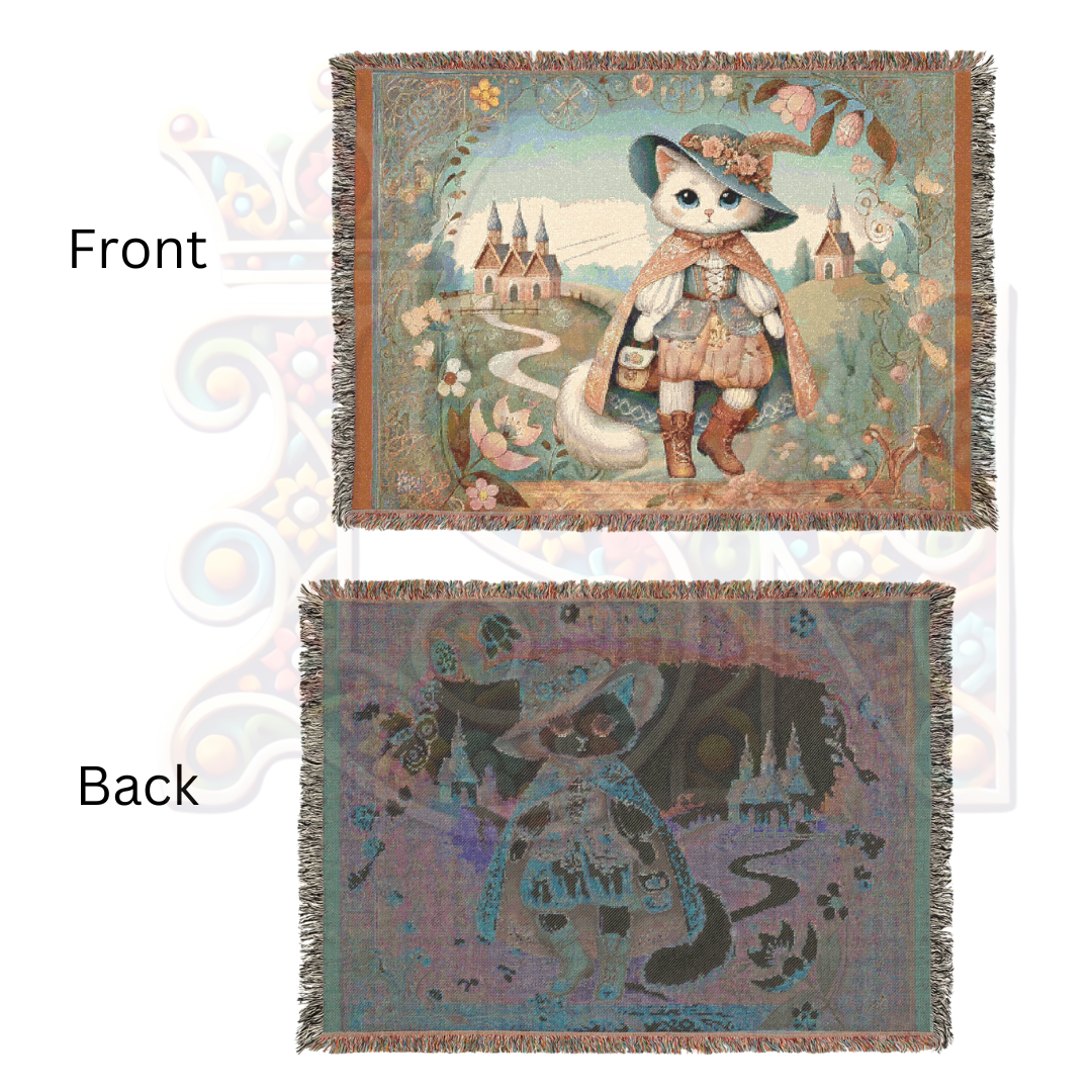 Whimsical Puss in Boots Cat Blanket – Fairytale-Inspired Tapestry Throw, Cottagecore Home Decor, Storybook Cozy Gift for Cat Lovers