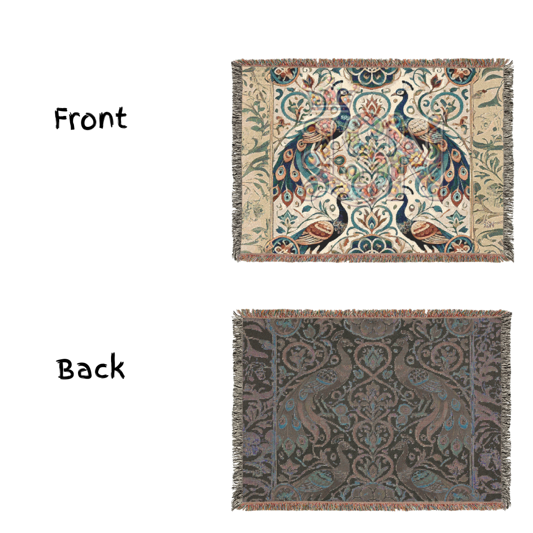 Elegant Peacock Pair Folk Art Woven Blanket – Timeless Beauty & Grace Throw