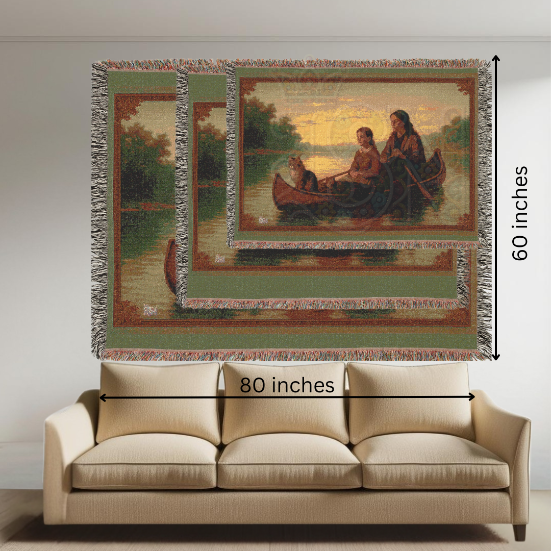 The Journey Home – Frontier Canoe Woven Blanket, Folk Art Throw Featuring Mother, Daughter & Cat at Sunset