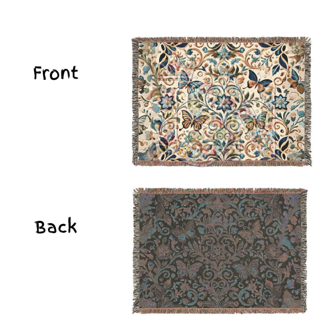 Garden Whispers Blue Butterfly Folk Art Woven Blanket – Serene Nature-Inspired Throw with Elegant Butterflies & Floral Motifs