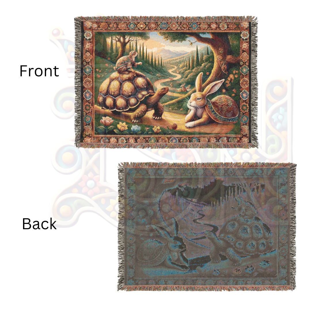 Tortoise and Hare Woven Blanket - 100% Cotton Fable Throw - Aesop’s Storybook Tapestry - Woodland Nursery Decor - Whimsical Folk Art