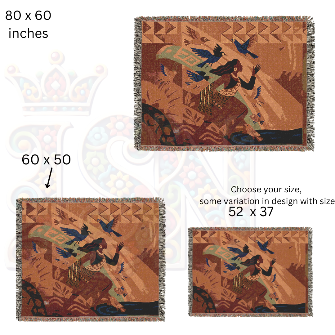 She Rose with the Birds – African Folk Art Woven Blanket, Symbolic Story Throw, Freedom-Inspired Tapestry, Gift for Women, Bold Home Decor
