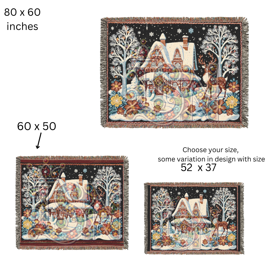Enchanted Winter Cottage Whimsical Folk Art Snow Scene Woven Blanket – Cozy 100% Cotton Throw