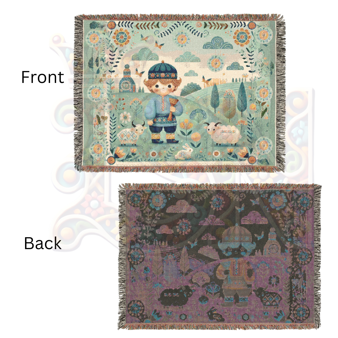 Little Boy Blue Folk Art Shepherd Woven Blanket – 100% Cotton Tapestry Throw – Cottagecore Boy with Sheep & Village Scene, Cozy Farmhouse Decor