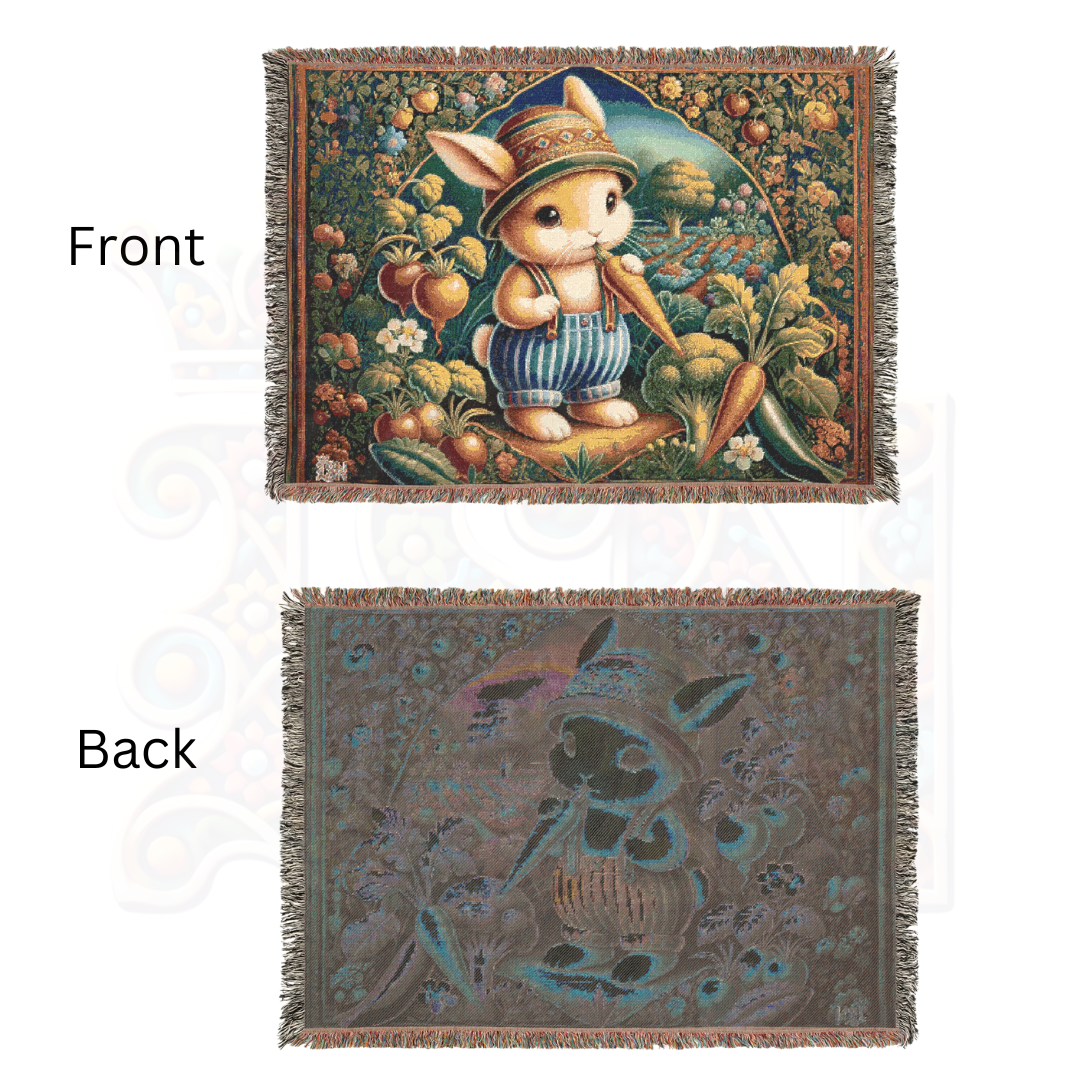 100% Cotton Woven Blanket - Male Bunny Eating Carrot Garden Patch