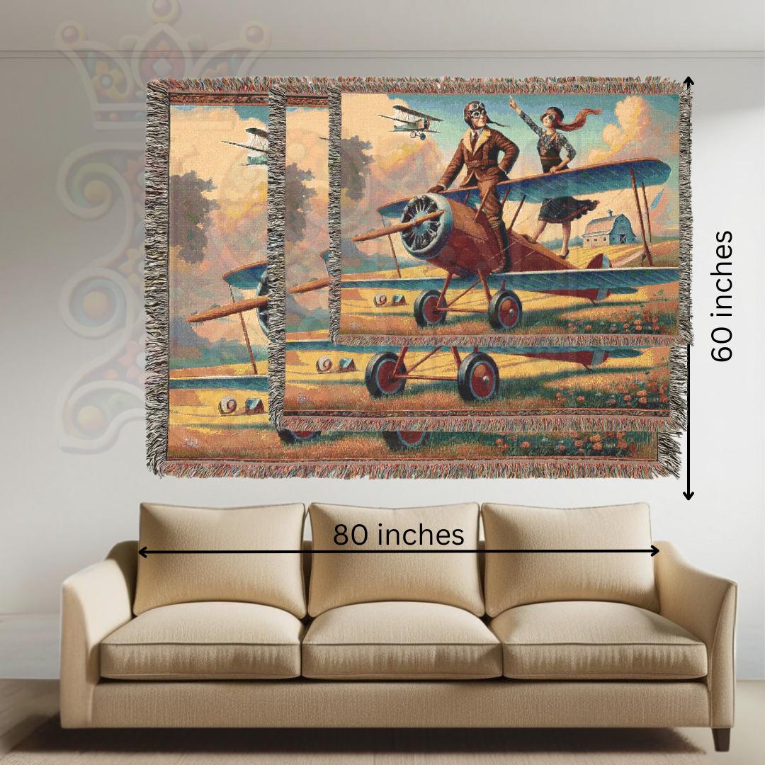Vintage Aviation Woven Blanket - 100% Cotton Barnstormer Tapestry - Pilot Adventure Throw - Retro Flight Home Decor & Gift