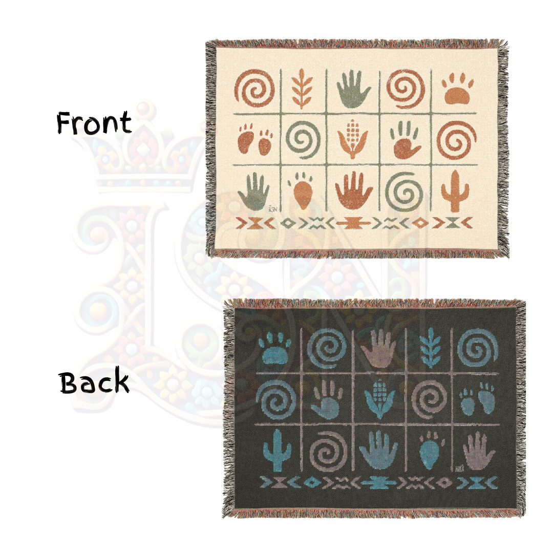 Ancient Echoes – Woven Blanket with Southwest-Inspired Hand, Spiral & Nature Symbols