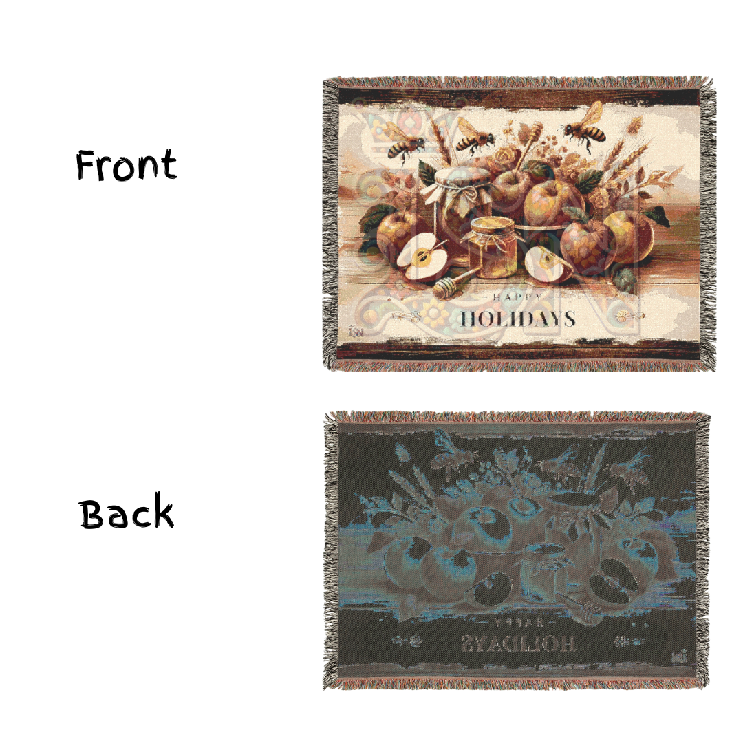 Happy Holidays Apples & Honey Folk Art Woven Blanket – Festive Seasonal Throw