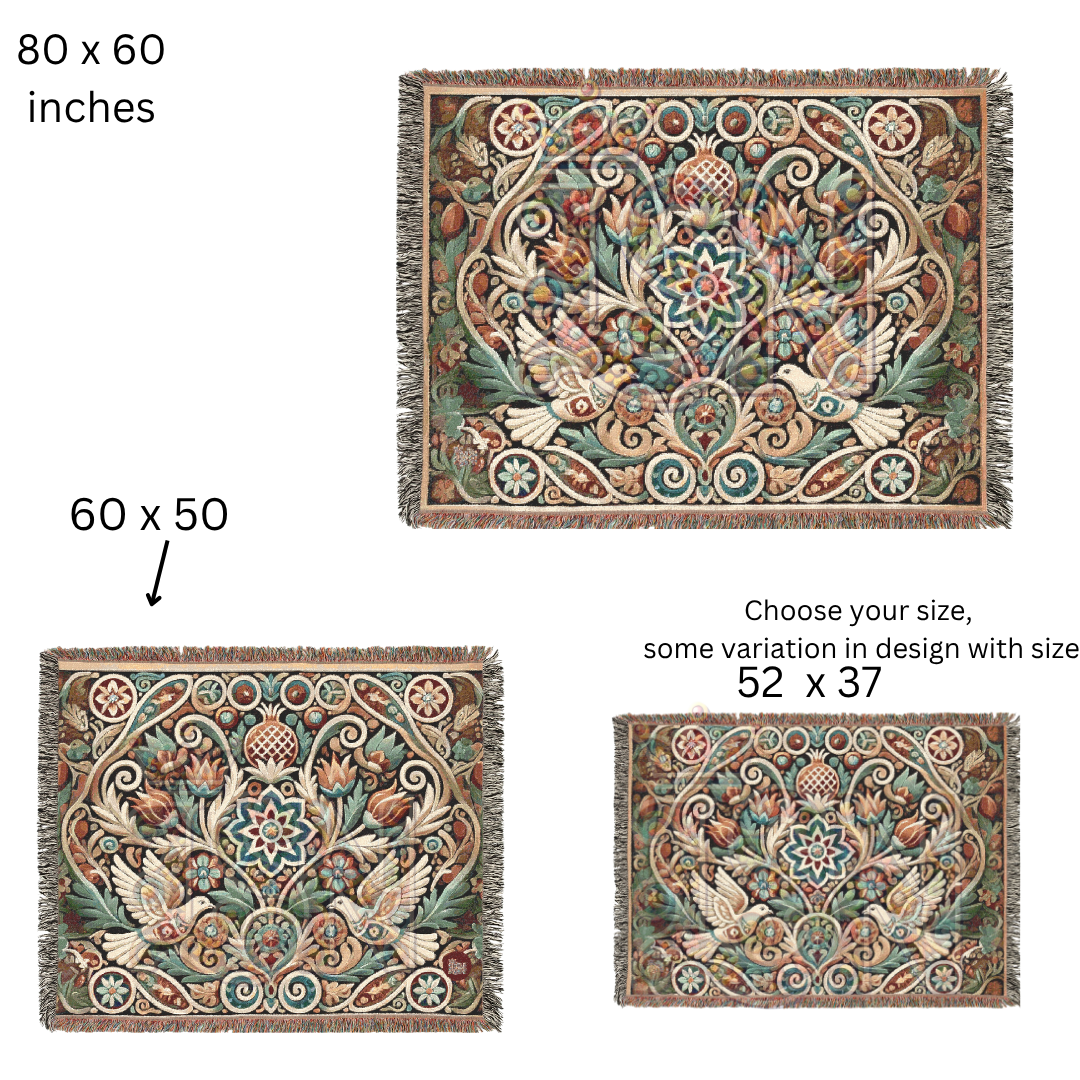 Peaceful Harmony Folk Art Dove Woven Blanket – Elegant Ornate Throw with Symbolic Doves & Garden Motifs