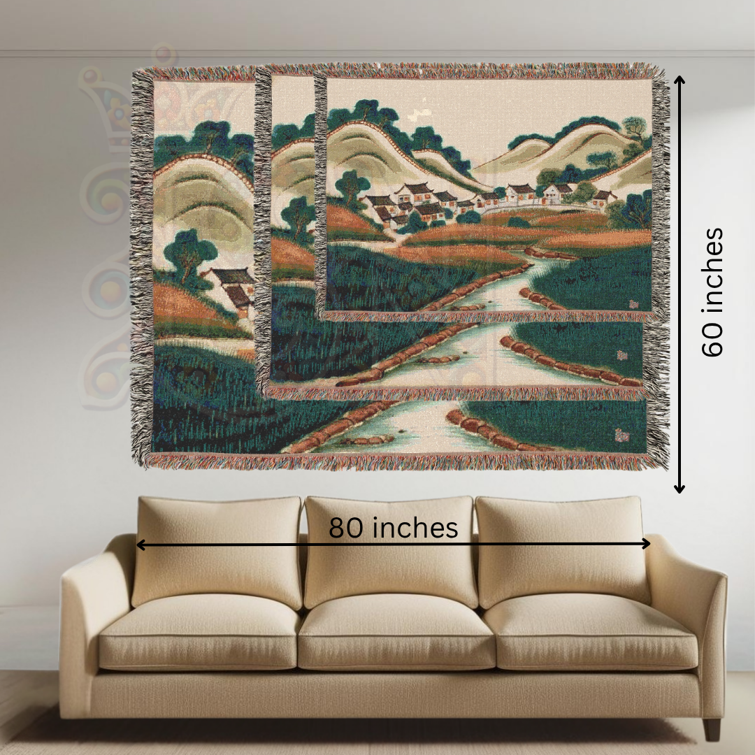 Valley of Harmony – Asian Korean Landscape Woven Blanket with Hillside Village Scene