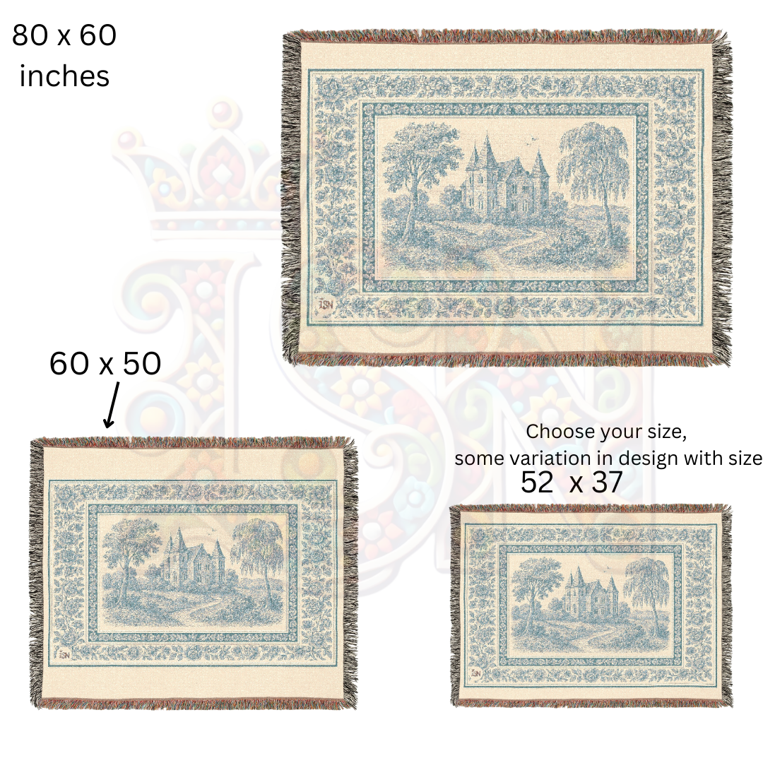 French Chateau Woven Blanket – Blue Toile Cotton Throw or Wall Tapestry with Floral Border & Manor Scene – Elegant Storybook Decor