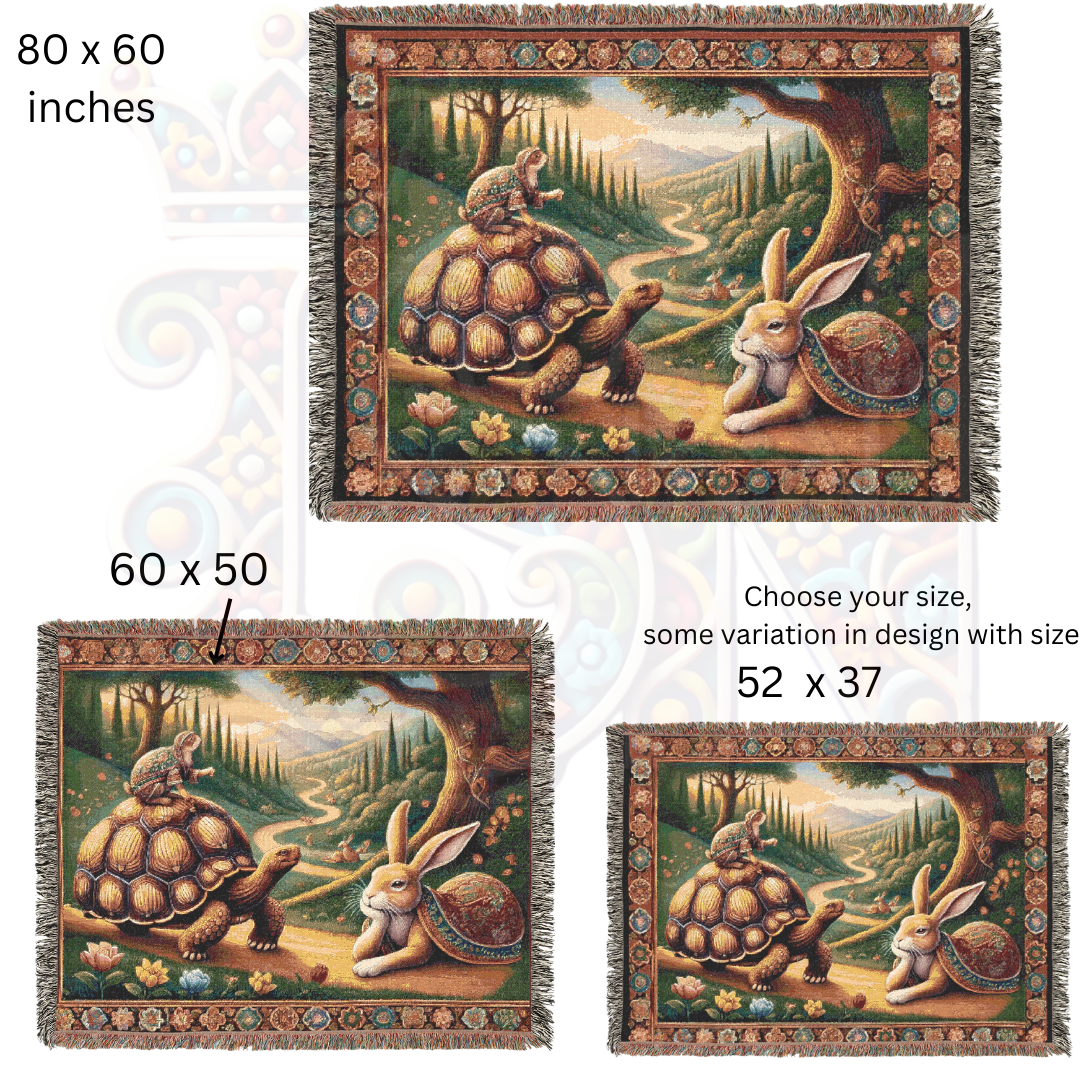 Tortoise and Hare Woven Blanket - 100% Cotton Fable Throw - Aesop’s Storybook Tapestry - Woodland Nursery Decor - Whimsical Folk Art