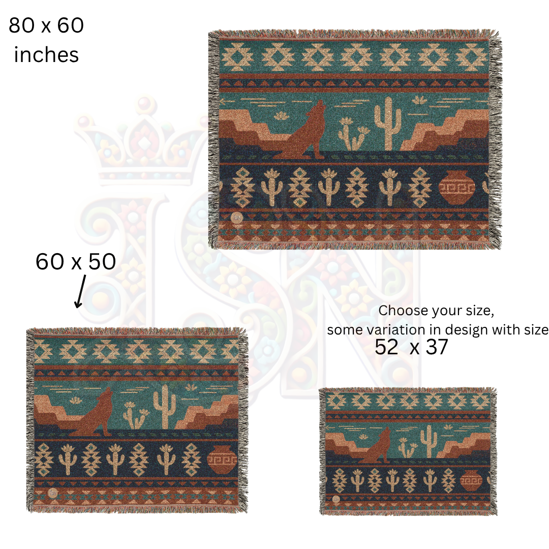 Desert Song – Southwestern Coyote & Cactus Woven Blanket with Folk Pattern