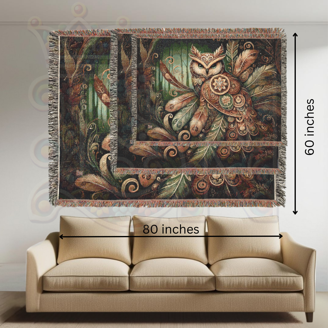 Woven Owl Blanket – 100% Cotton Tapestry Throw, Boho Woodland Decor, Nature-Inspired Bedspread, Cozy Couch Blanket, Nordic Art Gift