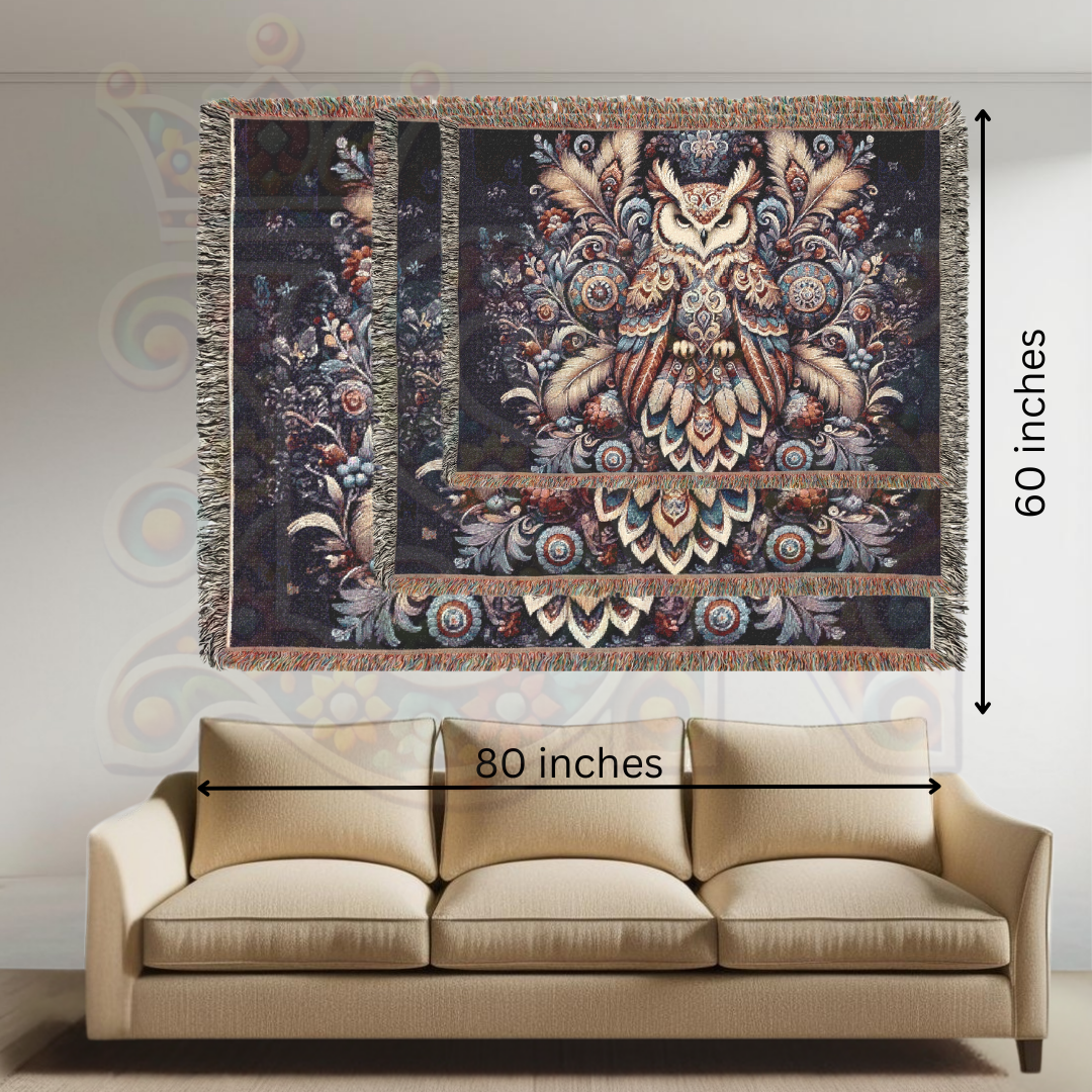 Boho Owl Woven Blanket – Forest Throw, 100% Cotton, Native American Folk-Inspired Home Decor, Cozy Woodland Gift